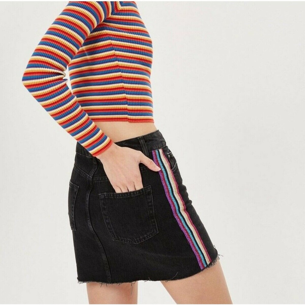 Topshop Moto Black Denim Jean Skirt Rainbow‎ Stripe Raw Hem Women's Size 4